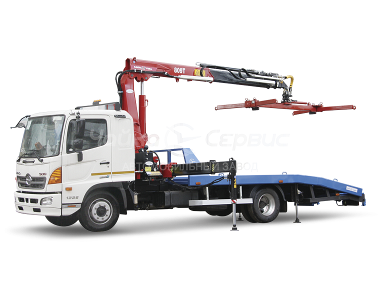 Эвакуатор HINO-500 M2 с ломаной платформой и КМУ Чайка NR816T 2S