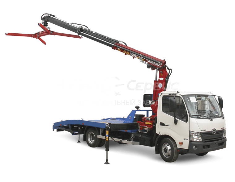 Эвакуатор HINO-300 (730) с ломаной платформой и КМУ Чайка NR811T-2S