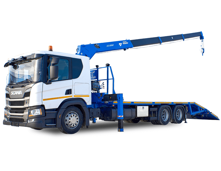 Эвакуатор Scania P380 с КМУ Чайка-Tadano с краном-манипулятором и гидроаппарелью