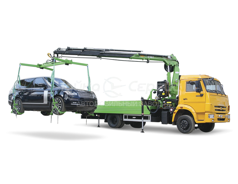 Эвакуатор КАМАЗ-4308 с прямой платформой, бортами Fuhrmann и КМУ Чайка NR818T 5S
