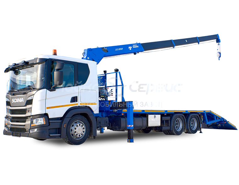 Эвакуатор Scania P380 с КМУ Чайка-Tadano с краном-манипулятором и гидроаппарелью