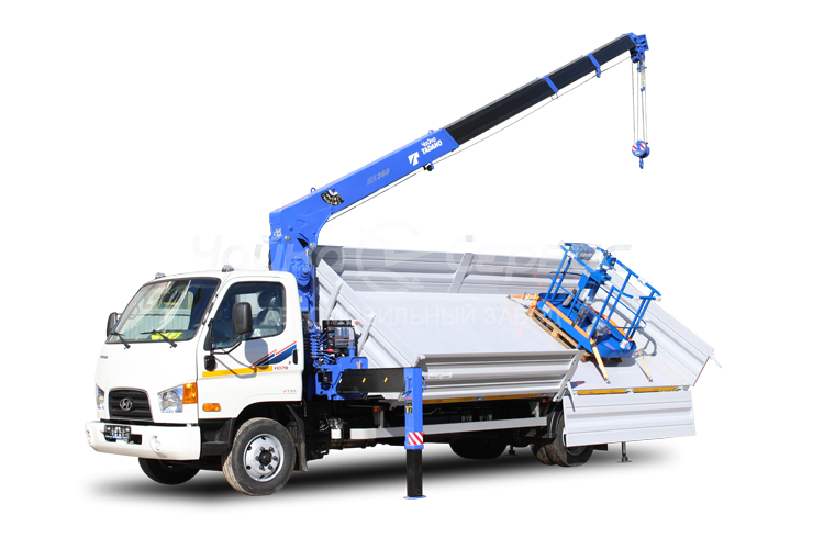 Самосвал Hyundai HD78 с КМУ Чайка-Tadano TM-ZE364HS и сертифицированной люлькой