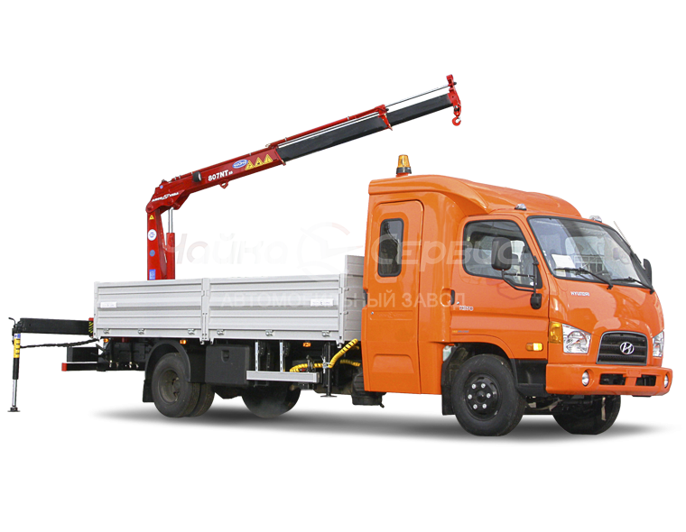 Кран-манипулятор Hyundai HD-78 с двухрядной 7-местной кабиной с КМУ Чайка NR на заднем свесе
